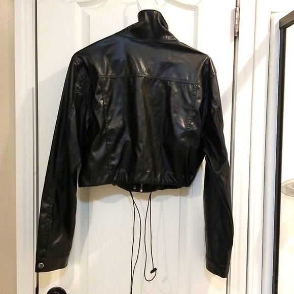 American Bazi Black Faux/Vegan Leather Crop Moto Jacket with Bungee Cinch Waist - Picture 4 of 16
